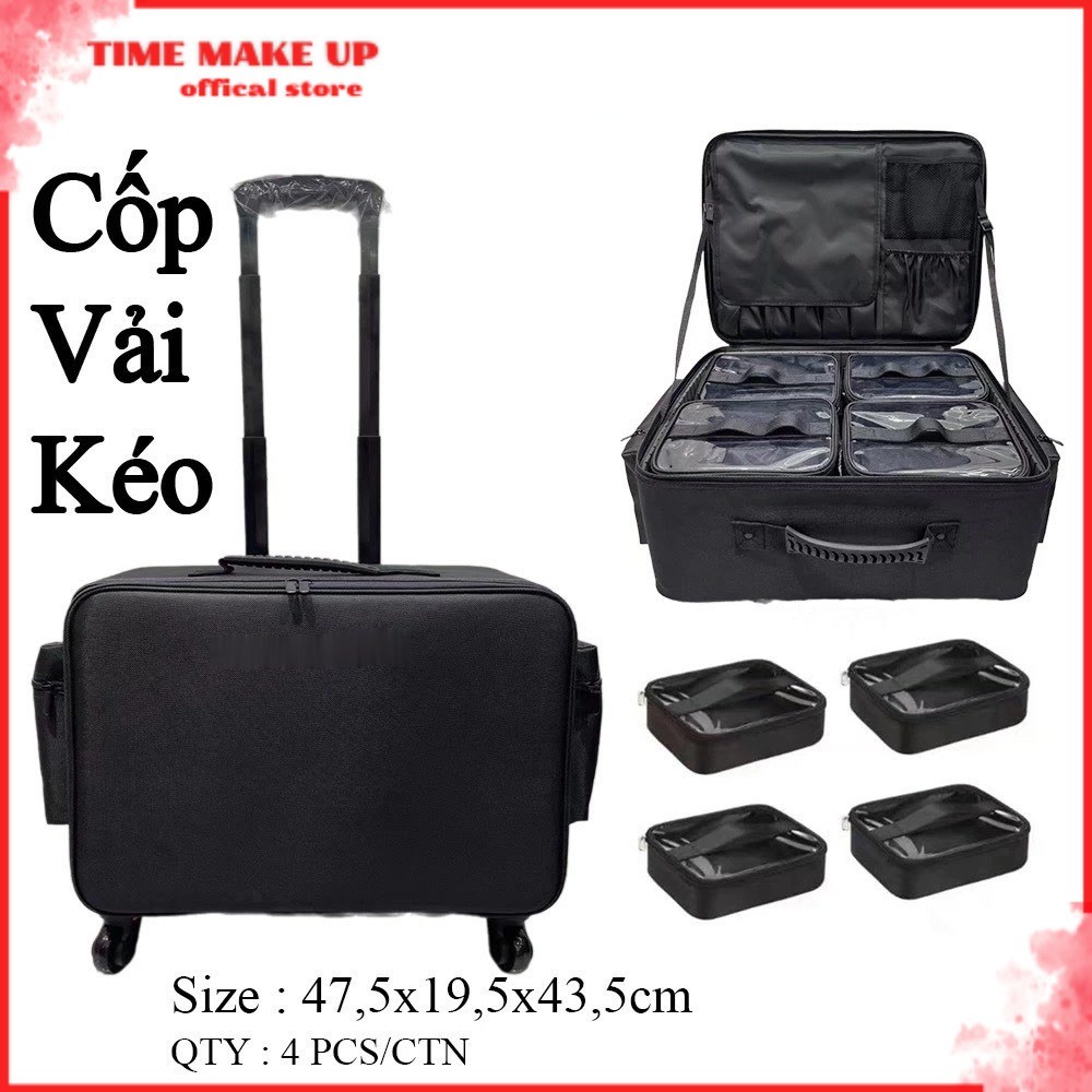 [ CHÍNH HÃNG ] Cốp vải kéo đựng đồ makeup chuyên nghiệp size 48cm. Cốp vali tay kéo mỹ phẩm cao cấp kèm 4 túi chia ngăn