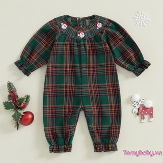 Bộ áo liền quần Giáng sinh cho bé gái dài tay cổ tròn kẻ sọc thêu ông già Noel áo liền quần