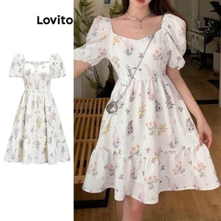 Đầm Lovito tay phồng cổ vuông xếp nếp họa tiết hoa nhí thanh lịch cho nữ L65ED176 (nhiều màu)
