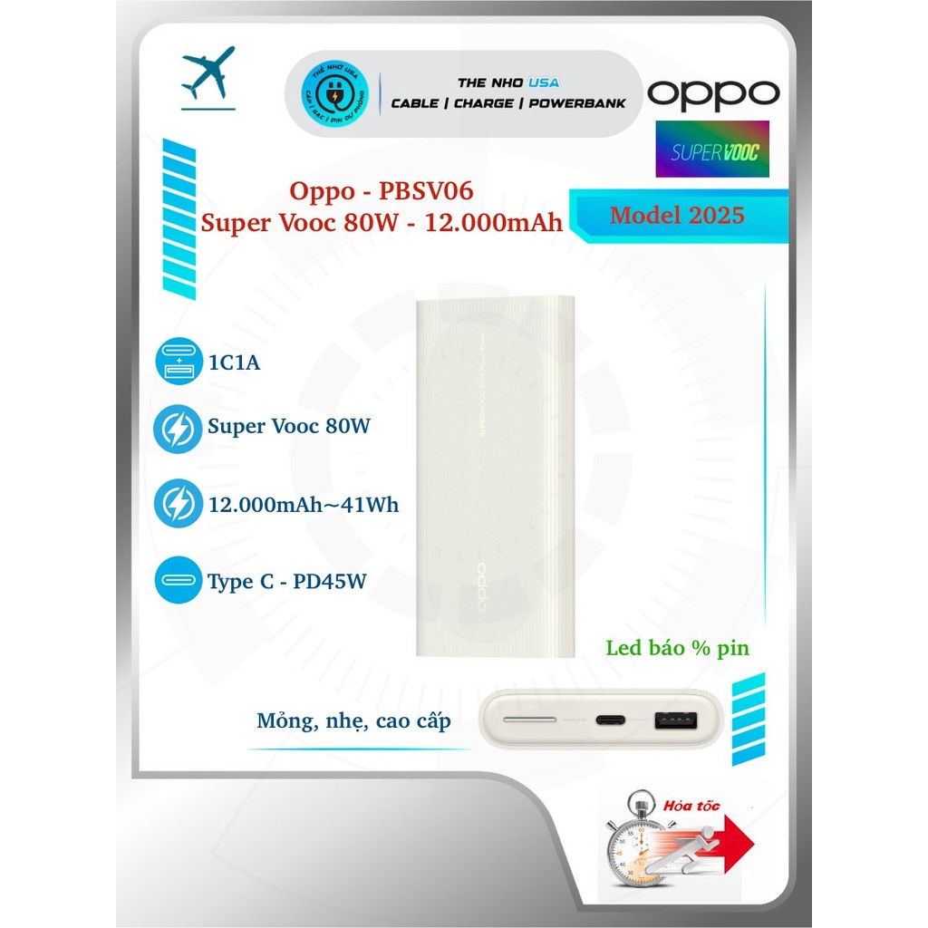 Sạc dự phòng Oppo SuperVooc 80W 12000mAh PD45W PBSV06 1C1A PD PPS QC SuperVooc