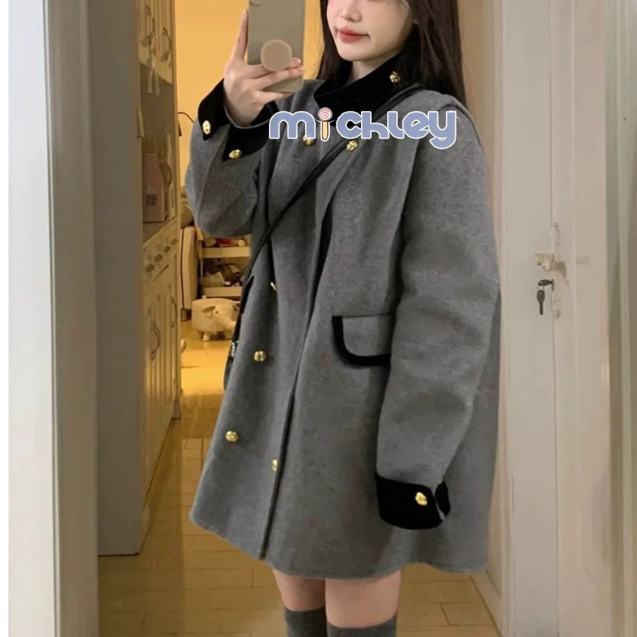 Michley Mẹ Mang Thai Pháp baggy Giảm Béo Áo Khoác Thu Đông Tính Khí Dày Ấm Áp Len Áo Khoác Người Phụ Nữ