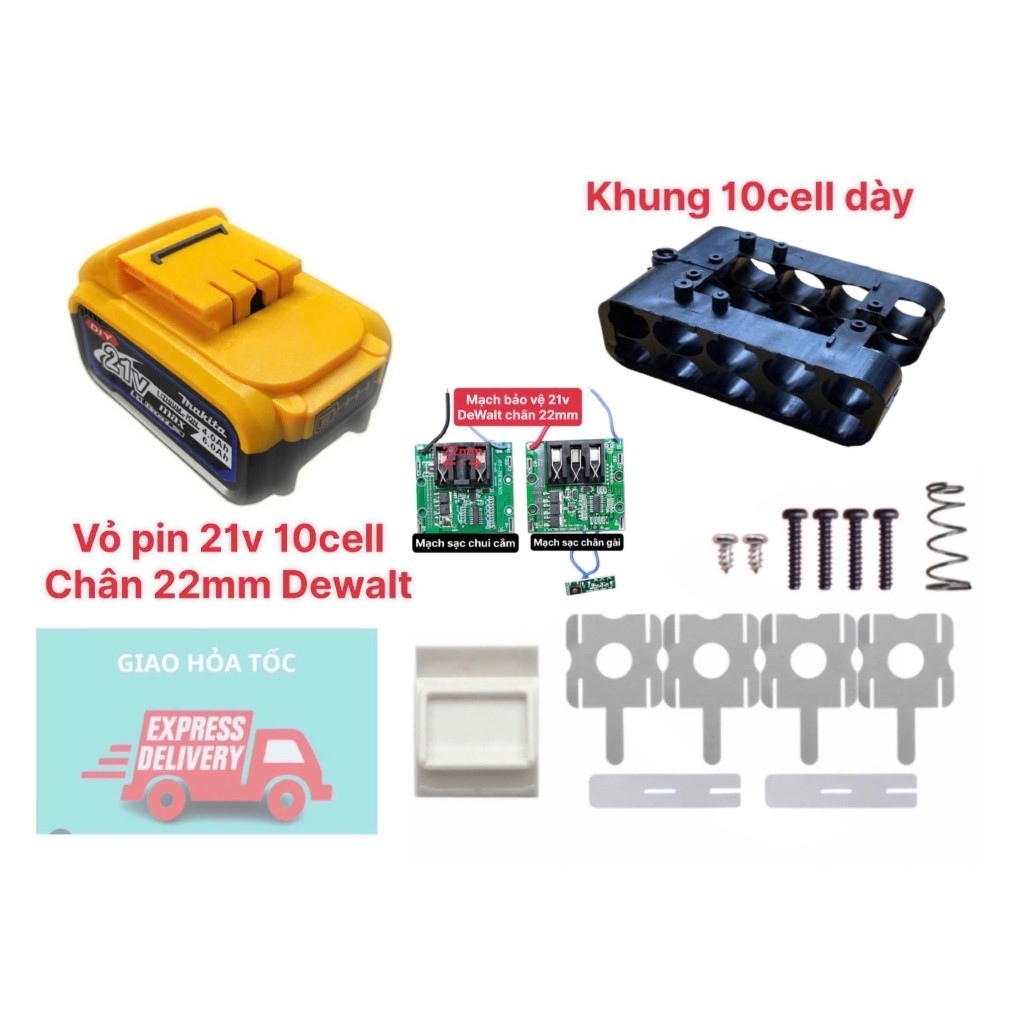 Vỏ Pin Dewalt 21v Tàu Chân Ngắn 22mm có led báo pin