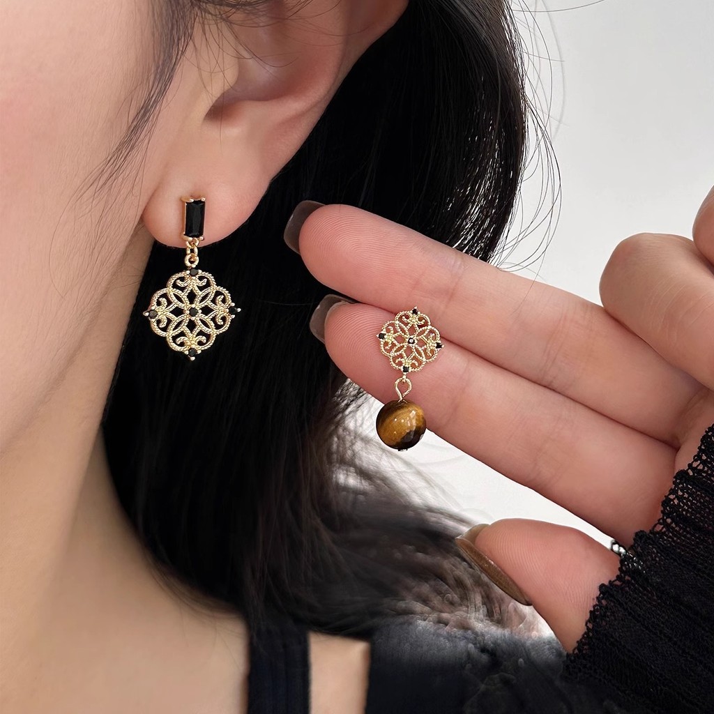 [GG] Bông tai đá mắt hổ bất đối xứng Nữ nhẹ nhàng sang trọng Bông tai cao cấp Tính khí Bông tai cổ