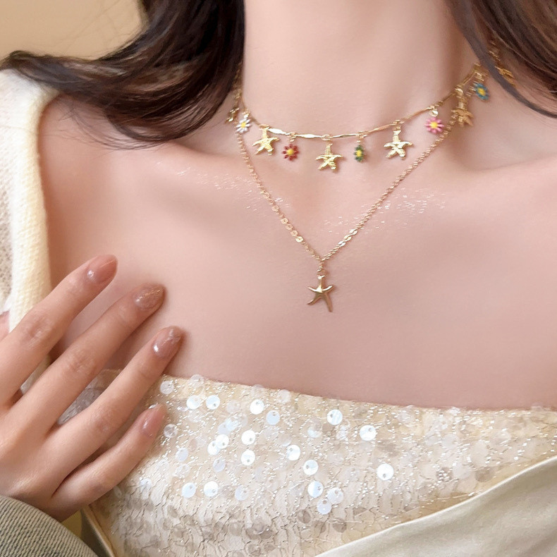 Phong cách kỳ nghỉ bên bờ biển ~ Vòng cổ sao biển đính cườm xếp chồng lên nhau Vòng cổ nữ