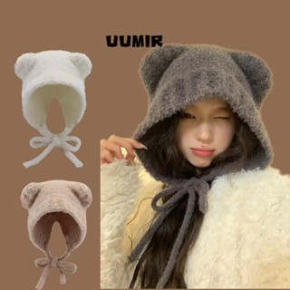Mũ len tai gấu UUMIR, Y2k có dây đeo Mũ máy bay ném bom dệt kim, Bảo vệ tai buộc dây Mũ mùa đông ấm áp