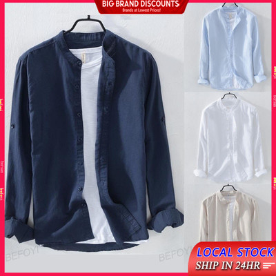 Áo Sơ Mi Vải Lanh Nam Cổ Đứng Rời Áo Dài Tay Áo Thun Hợp Thời Trang Phong Cách Hàn Quốc Plus Size Kemeja Baju Lelaki XY0612