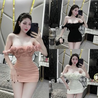 Đầm body thun lưới kết hoa nguc ngang vai mặc được 2 kiểu trễ vai, Đầm thun lưới ôm body mix hoa hồng co giãn tiểu thư