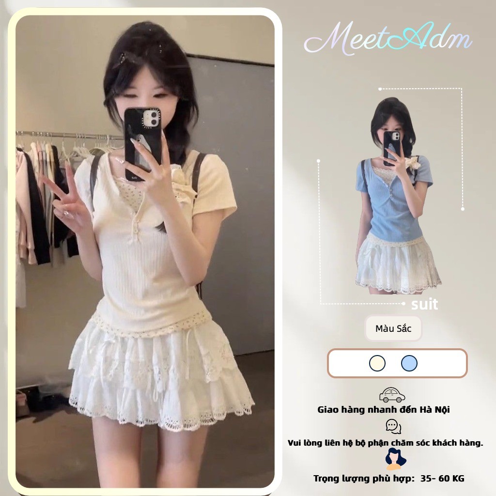 Meet-Adm Bộ Áo Thun + Chân Váy Nữ Bộ Đồ Hai Mảnh Viền Ren Thời Trang Mùa Hè Mới