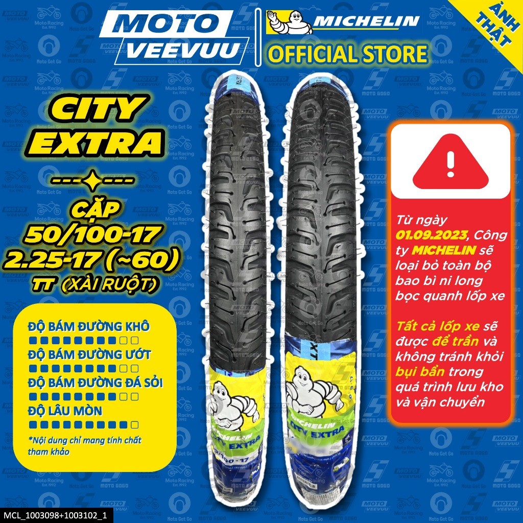 [MTVV] CẶP VỎ LỐP xe máy MICHELIN CITY EXTRA 50/100-17 & 2.25-17 (~60) TT Xài Ruột Dream Wave FU Sir