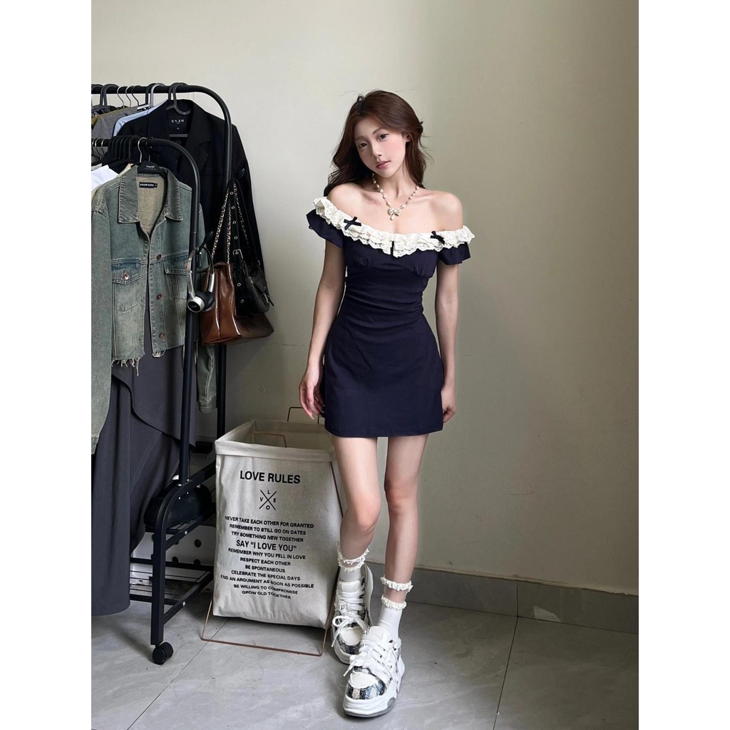 (Khâu ren) Đầm bó gợi cảm màu trơn nơ dự tiệc váy chữ A dễ thươngVáy lệch vai cổ chữ U cóviền cổ bèo | BigBuy360 - bigbuy360.vn