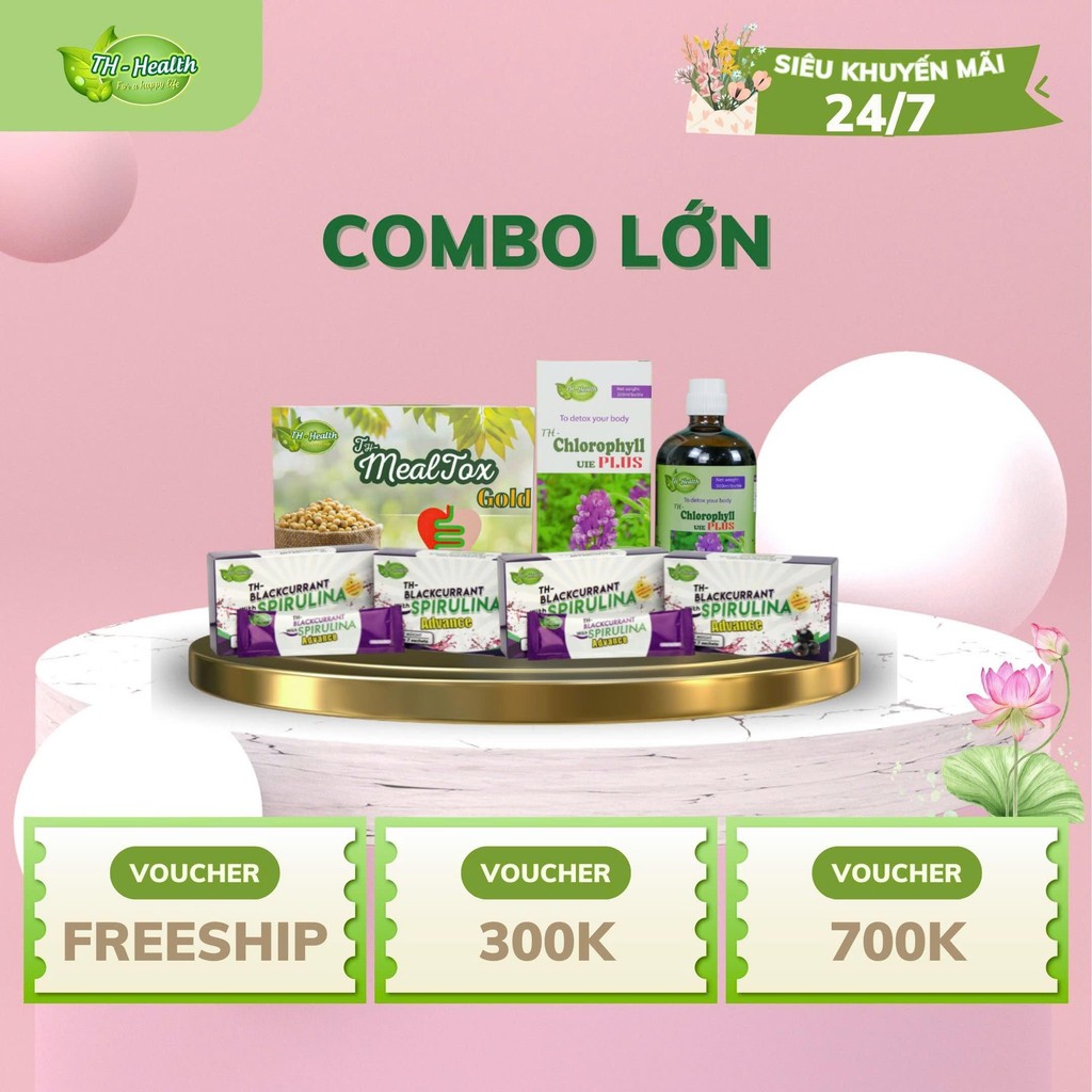 Combo Lớn Diệp Lục TH-Chlorophyll UIE Plus x 01 + TH-Mealtox Gold (30 Gói) x 01+ Tảo Xoắn TH Spiruli