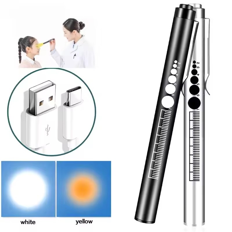 3000K Mini 2-in-1 LED White/Yellow Pen light Flashlight USB Charging Home Use Doctors Eyes pupil che