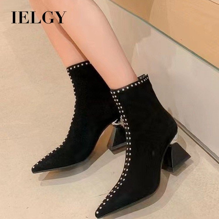 IELGY Pháp Booties Đen Skinny Boots Nữ Thu Đông Da Lộn Gót Nhọn