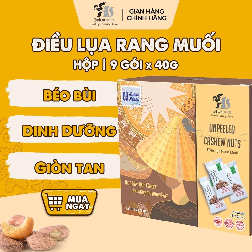 [Hỏa tốc] Hộp 9 Gói Hạt Điều Lụa Rang Muối 360g Deluxnuts | Hạt Dinh Dưỡng, Snack Ăn Vặt (Tổng 360g, 40g/ gói)