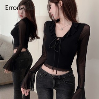 Áo thun nữ Erroriwear 2024 màu trơn cổ chữ V trong suốt có lưới dài tay ôm vừa vặn