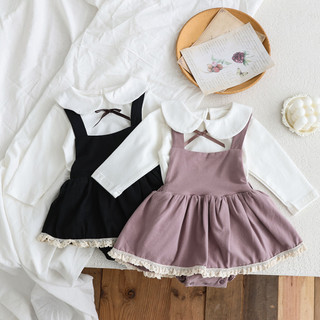  Ins Bộ Trẻ Sơ Sinh Mùa Thu Bé Gái Sơ Sinh Đơn Giản Trắng Ve Áo Cotton Dài Tay + 2 Màu Suspender Đầm Quần Áo Cho Bé 0-24 Tháng 