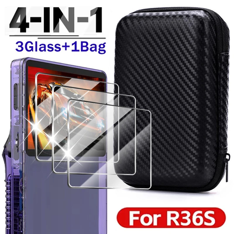 Vỏ 4 TRONG 1 + Kính Cho Máy Chơi Game R36S Túi Đựng Đồ Du Lịch & Bảo Vệ Màn Hình Phim Kính Cường Lực