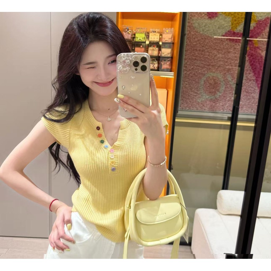 YAYUAN Áo Len Cổ Chữ V Nút Nhiều Màu Sắc Nữ Mùa Hè Giảm Tuổi Thời Trang Sang Trọng Ôm Hơn Nhìn Ngắn- | BigBuy360 - bigbuy360.vn