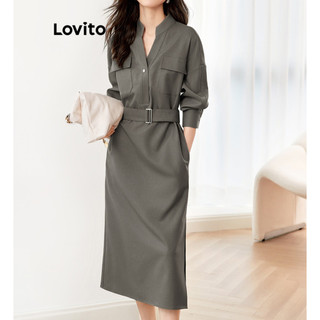 Đầm Lovito phối thắt lưng màu trơn phong cách thường ngày cho nữ LNA37131(Lạc Đà)