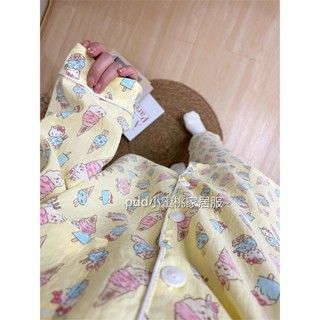 Phong cách Nhật Bản hoạt hình dễ thương sử dụng đồ ngủ Hello Kitty của phụ nữ mùa xuân và mùa thu ánh sáng màu vàng dài tay Quần sinh viên Homewear phù hợp với