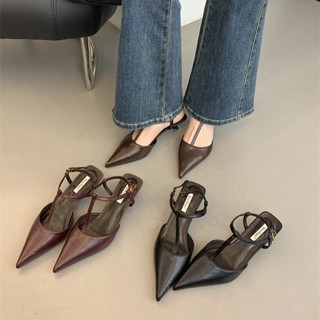 2024 Xăng đan gót nhọn mũi nhọn Miệng nông đơn giản kiểu Pháp mới