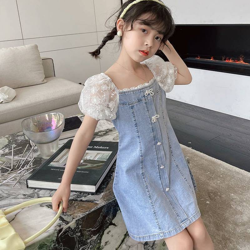 「 Yyds 」 25087 Váy bé gái thời trang ren bong bóng váy denim loli tay ngắn