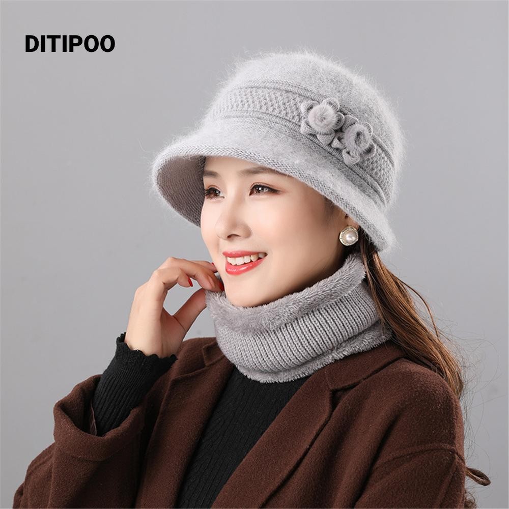 Mũ xô DITIPOO có hoa nhỏ, Bộ mũ và khăn quàng cổ nữ ấm áp dệt kim, Lông thỏ giả chống gió dày mũ mẹ 