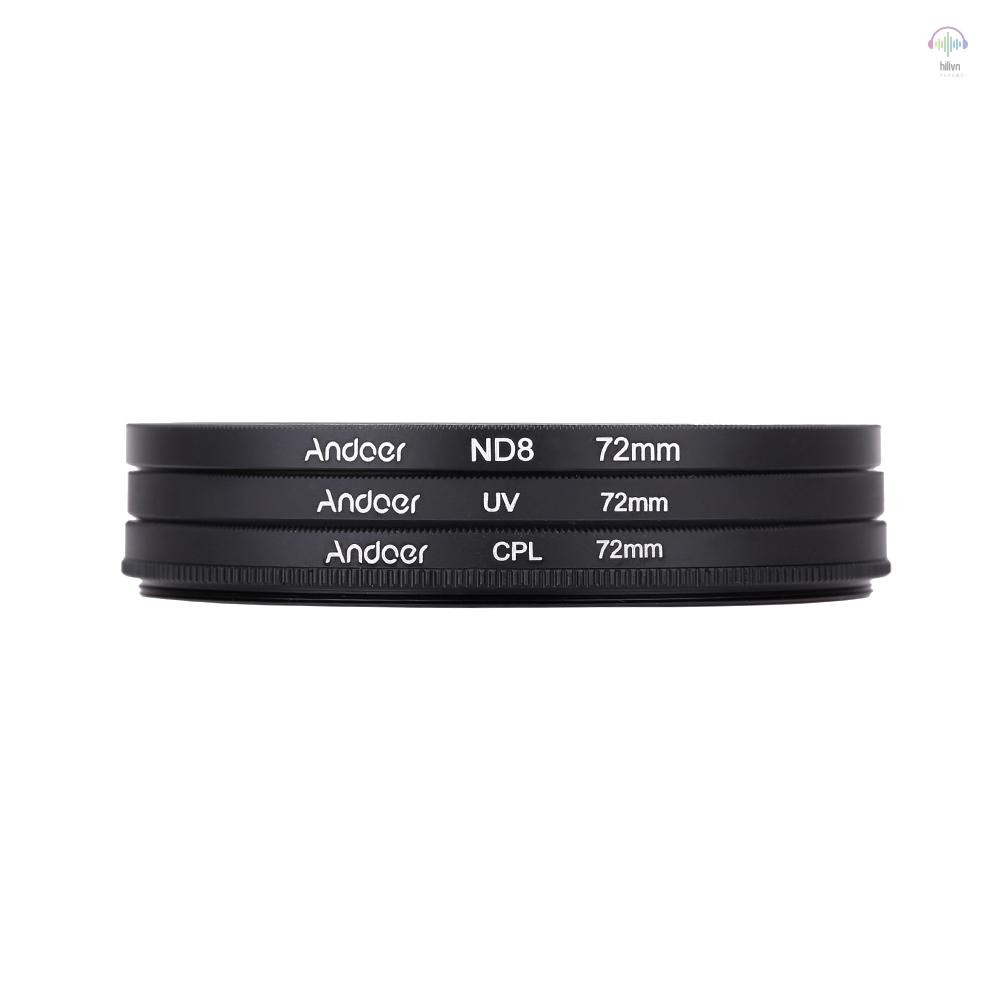 Andoer 72mm UV + CPL + ND8 Bộ ống kính tròn Ống kính phân cực tròn ND8 Ống kính mật độ trung tính có
