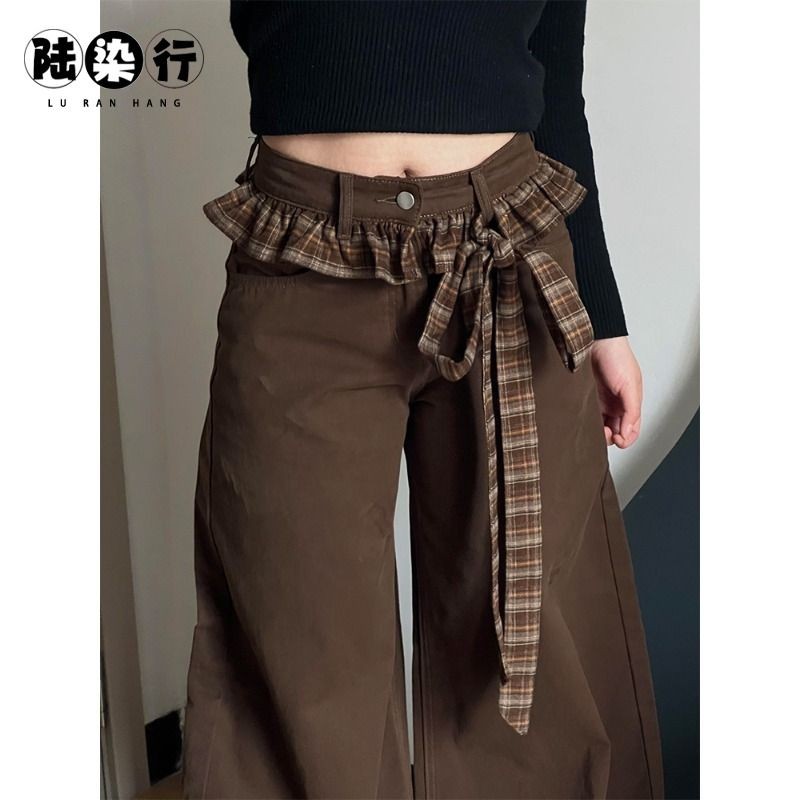 Shop LRH Kích Thước Lớn Cao Cấp Cảm Thấy Nâu Ren Kiểm Tra Ren Thẳng Quần Jean Nữ Rời Rộng Quần Ống R