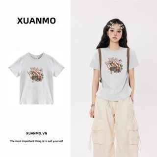 XUANMO Local brand Áo baby tee Áo Thun ôm body Áo y2k 100% cotton Mùa hè 2024 Áo thun ngắn tay in hình phong cách mới dành cho nữ