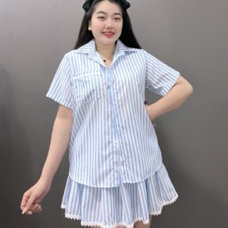 Sét Bộ Đồ Bigsize Nữ Áo Sơ Mi Phối Viền Ren Kẻ Sọc Kèm Quần Váy Lưng Thun Năng Động Cá Tính SET855