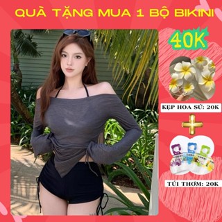 Bộ đồ bơi kín đáo 2 mảnh cho nữ bộ bikini set 3 chi tiết quần đùi kèm áo bra có mút áo lưới xám SET 3 ÁO XÁM C4