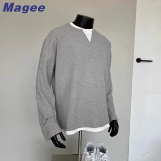 Magee giả hai mảnh áo len màu xám nam mùa xuân thu mặc thiết kế cảm giác thích hợp Áo thun dài tay nặng cổ chữ V đáy áo sơ mi