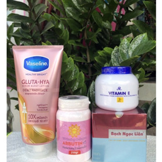 COMBO 4 MÓN Trắng cấp tốc, Kem body bạch ngọc liên + vaseline x10 +abutine +dưỡng vitamin e