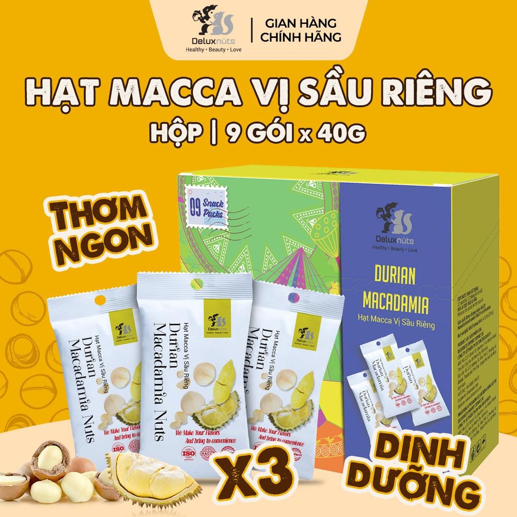 [Hỏa tốc] Hộp 9 Gói Maccadamia Vị Sầu Riêng 360g Deluxnuts | Hạt Dinh Dưỡng Snack Ăn Vặt (Tổng Trọng Lượng 360g)
