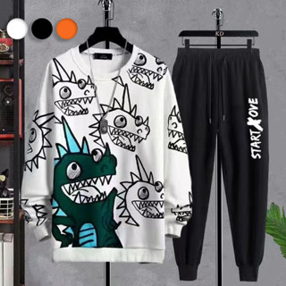 [M-5xl] Mùa thu 2024 Bộ áo Hoodie in hình khủng long mới dành cho nam Bộ hai mảnh Quần áo thể thao thời trang Trắng / Đen / Cam