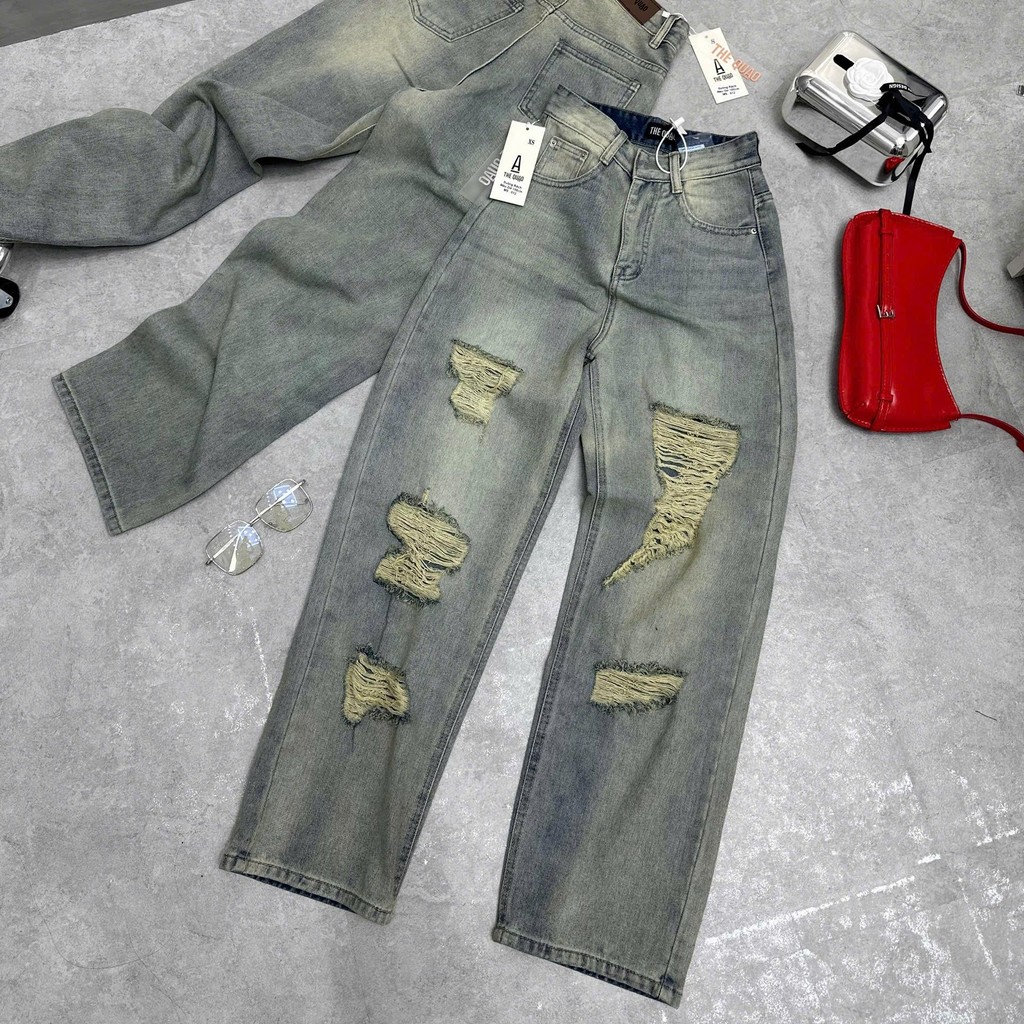 THE QUẠO - Quần Jeans Nữ Lưng Cao Ống Rộng Rách Xanh Nhạt Bụi Vàng R1711_564