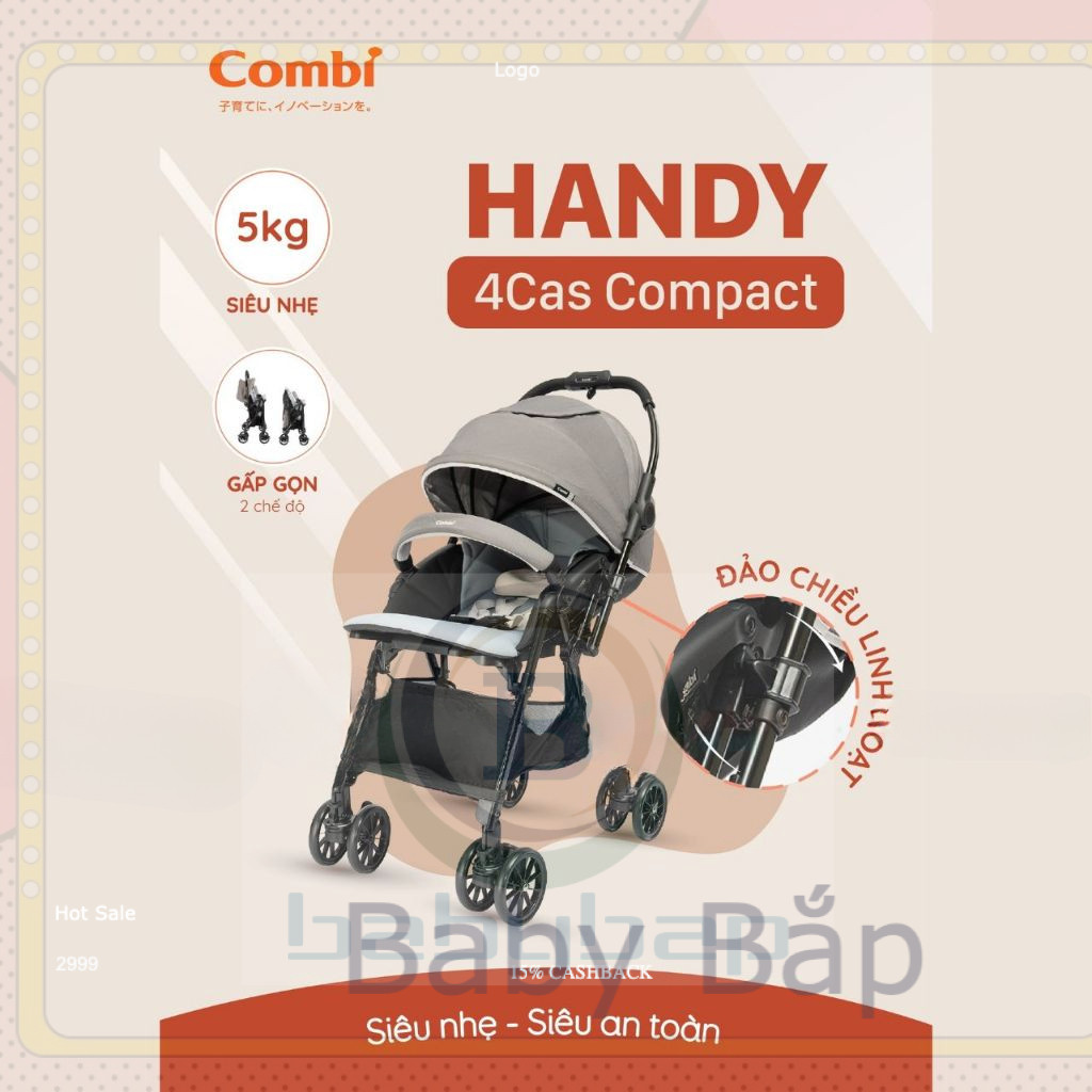 Xe đẩy 2 Chiều Combi Handy 4Cas Compact Cho Bé, Xe đẩy Trẻ Em Bánh Xe Tự điều Chỉnh