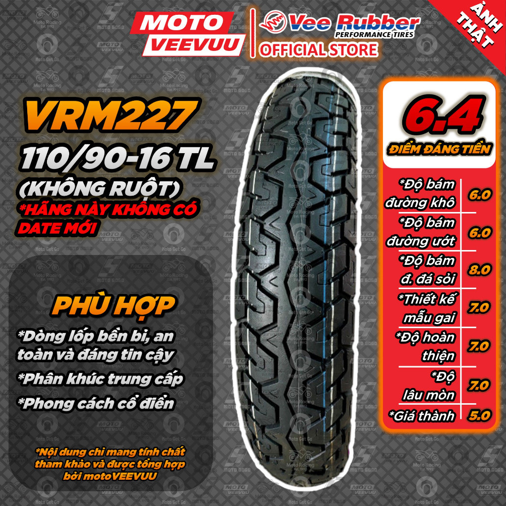 [MTVV] Lốp vỏ xe máy VEE RUBBER 110/90-16 TL VRM227 (Lốp không ruột VeeRubber)<END>