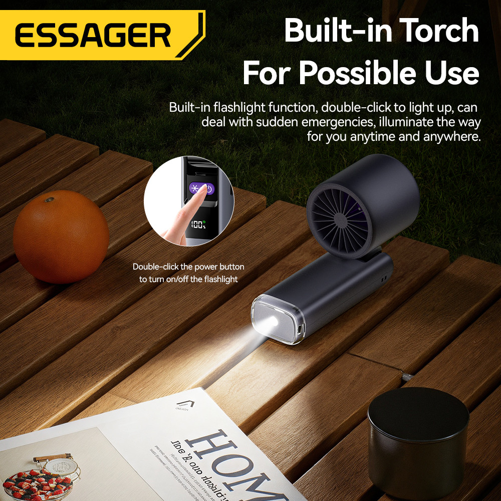 Quạt cầm tay cầm tay làm lạnh tốc độ cao Essager 4000mAh 1 ~ 100 Điều chỉnh tốc độ Quạt Mini Turbo + Đèn pin | BigBuy360 - bigbuy360.vn