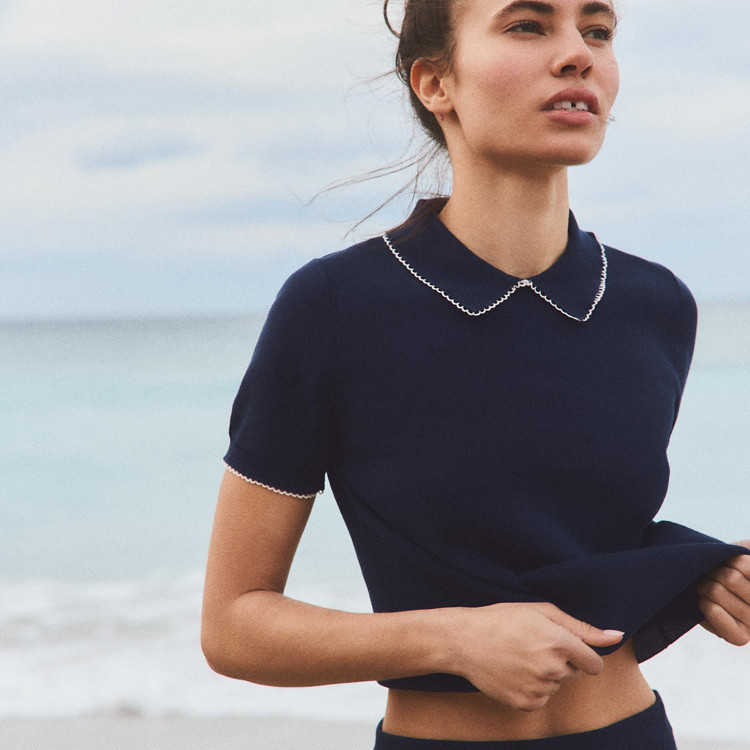 Áo Sơ mi Zara made in Morocco dệt kim xanh cổ viền lé trắng - nữ