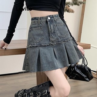 Chân váy Lovito denim có dây kéo xếp ly phong cách thường ngày cho nữ LNE56478