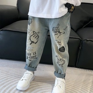 Quần bò bé trai quần mùa xuân và mùa thu graffiti thời trang trẻ em đẹp trai hợp thời trang cho trẻ em mới