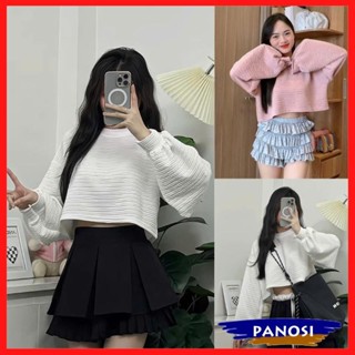 Áo thun nữ dáng ngắn croptop áo dài tay cổ tròn tay bồng bo gấu phong cách Hàn Quốc A540 PANOSI