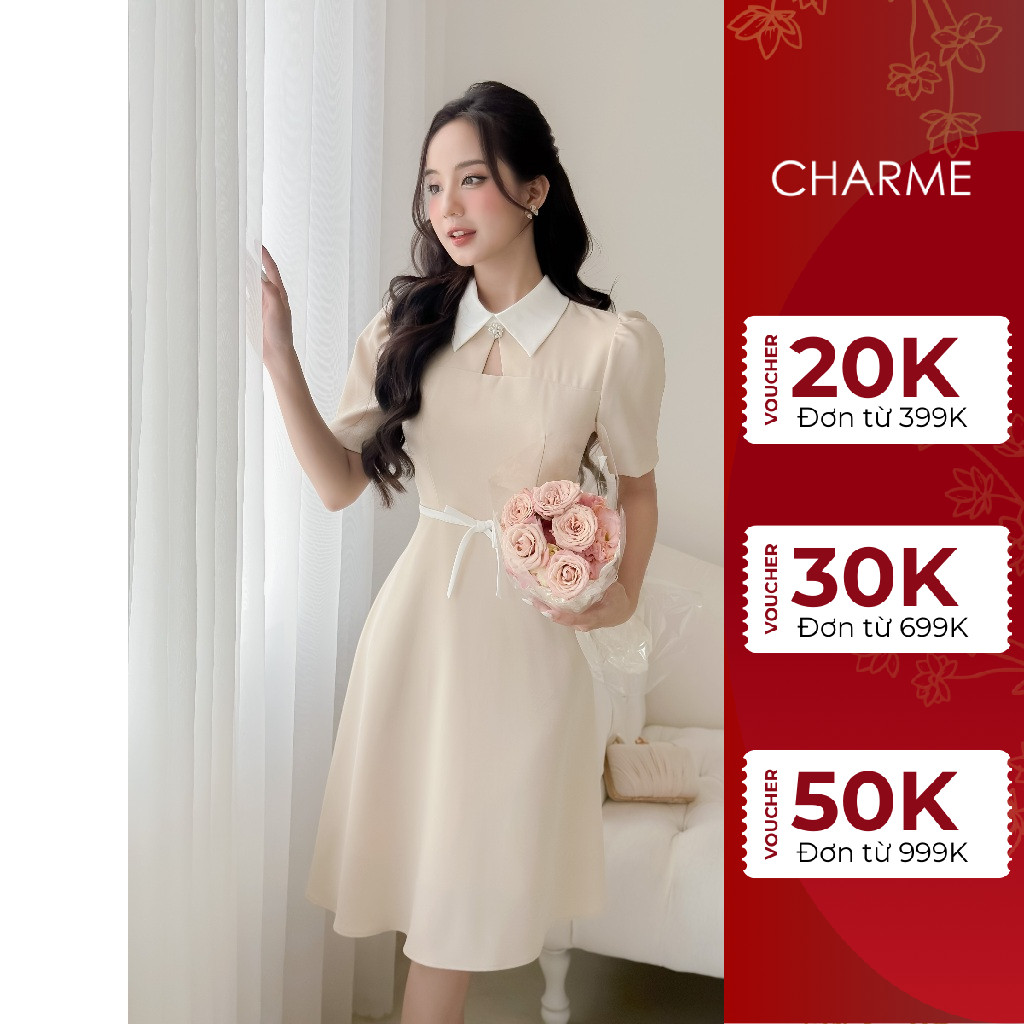 Váy nơ eo cổ đức dáng xòe Charme 308002