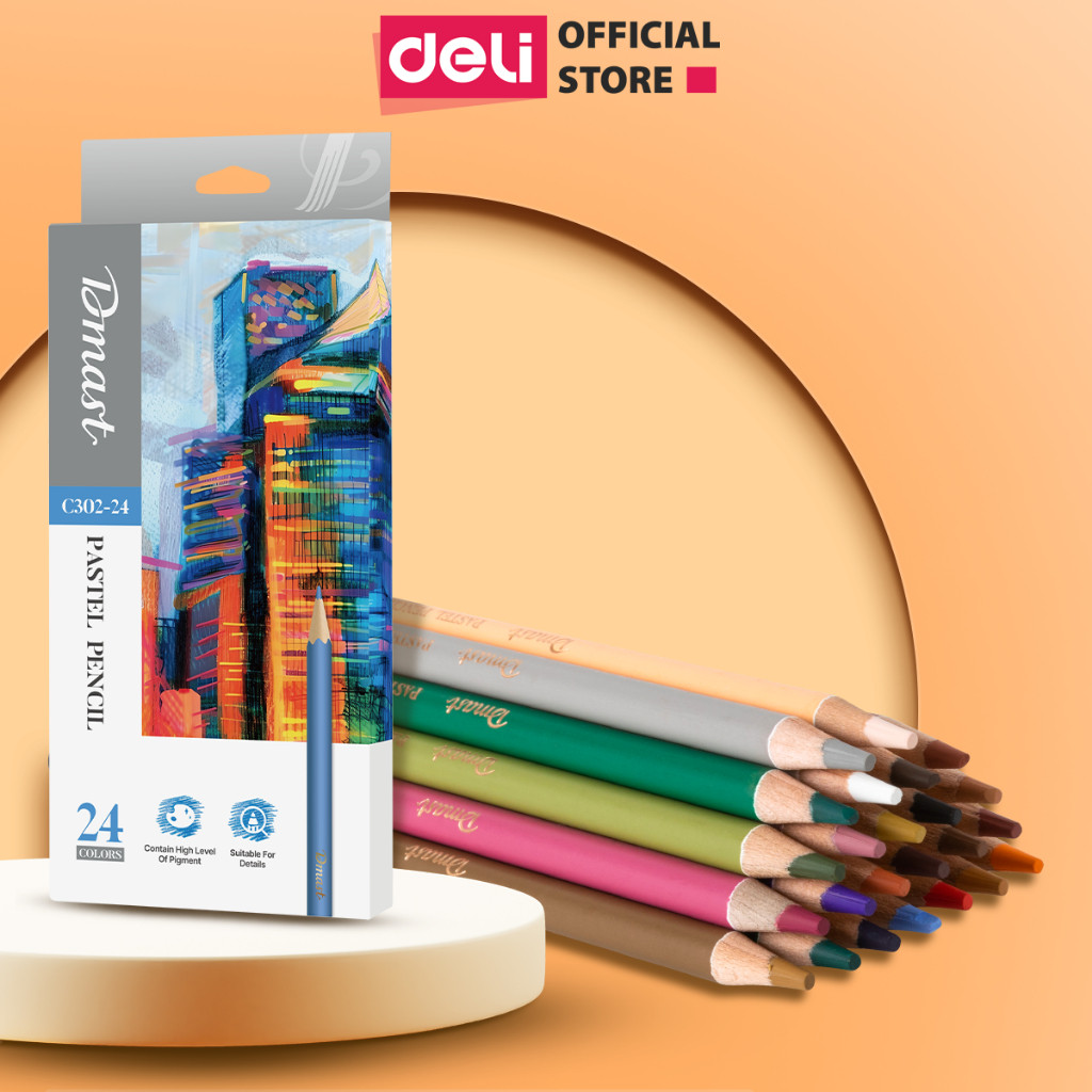 Bút Chì Màu Dmast Cao Cấp Deli - Hộp Chì Màu 12/24 Màu Rõ Nét Dễ Loang Màu -Tô Vẽ Cơ Bản Chuyên Nghi