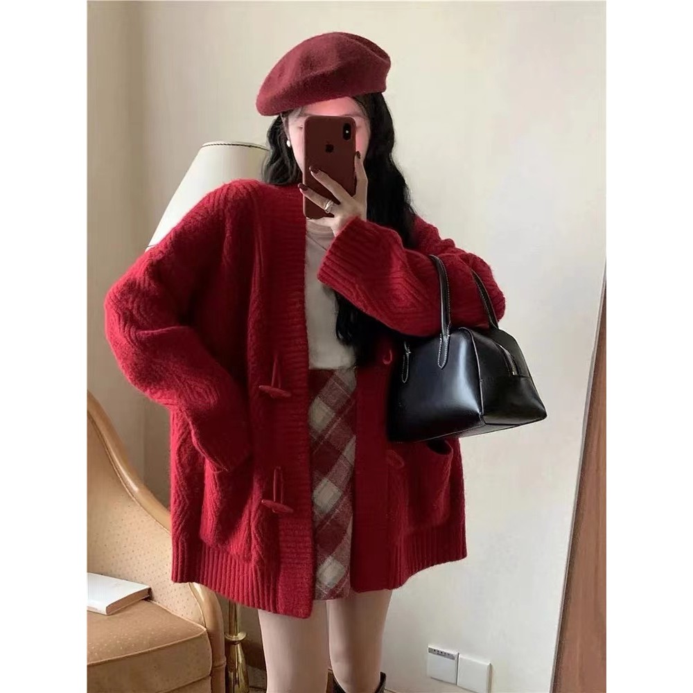 Áo cardigan Áo len giáng sinh tết đỏ màu Đỏ Mùa thu mới dệt kim mùa thu và mùa đông | BigBuy360 - bigbuy360.vn