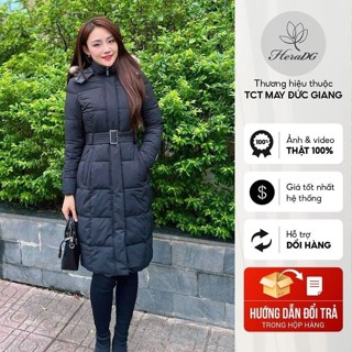 Áo khoác phao nữ cao cấp dáng dài HeraDG túi chéo mũ lông và đai eo tháo rời vải gió chống nước chống bám bụi WJKBD4016