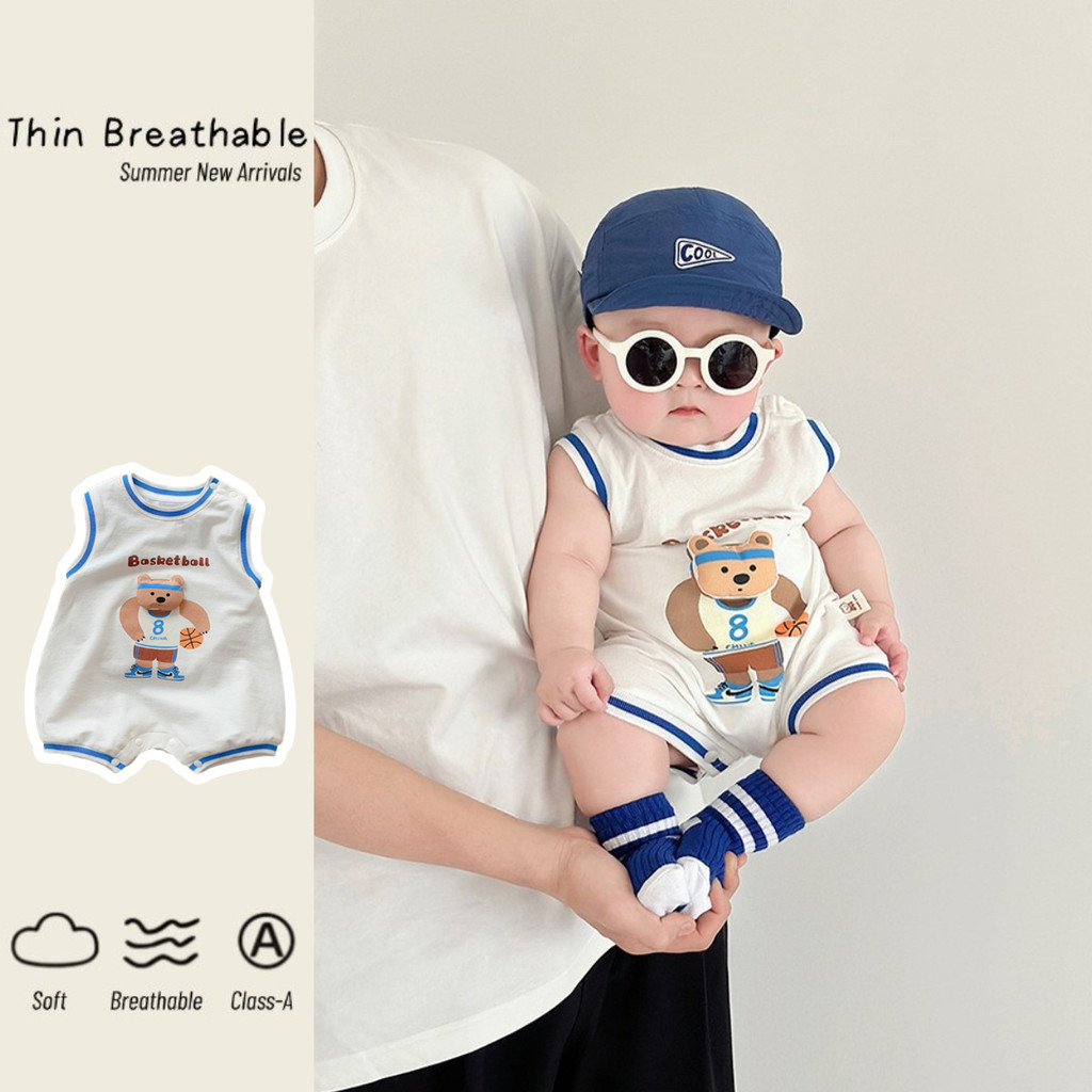 Bé Mùa Hè Quần Áo Mới Bé Trai Và Bé Gái Cotton Mỏng Không Tay Body 0-24 Tháng Cho Bé Thoải Mái Và Thoáng Khí Siêu Dễ Thương Hoạt Hình Gấu Phong Cách Thể Thao Áo Liền Quần