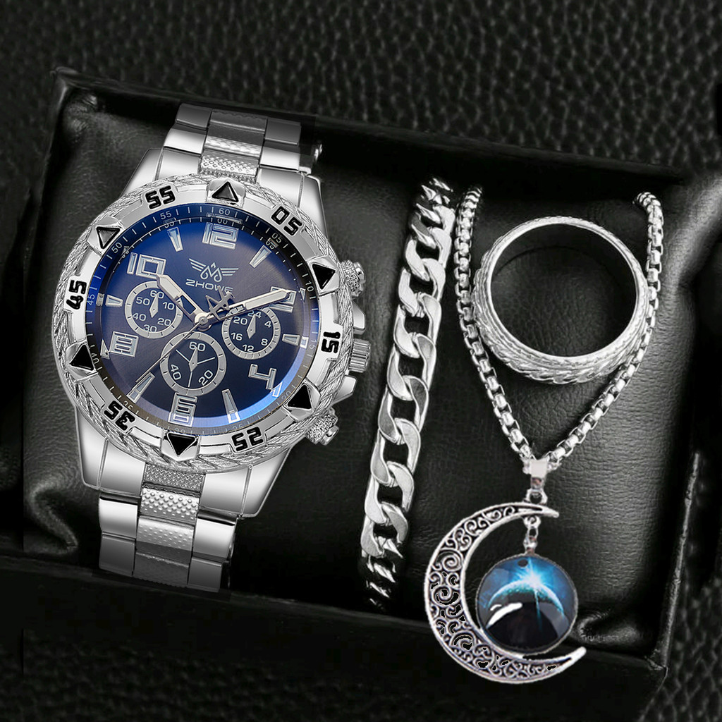 4 Bộ Đồng Hồ Nam Thời Trang Hợp Kim Ba Đồng Hồ Thạch Anh MIỄN PHÍ Mặt Trăng Ngôi Sao Vòng Cổ Vòng Tay Vòng Tay